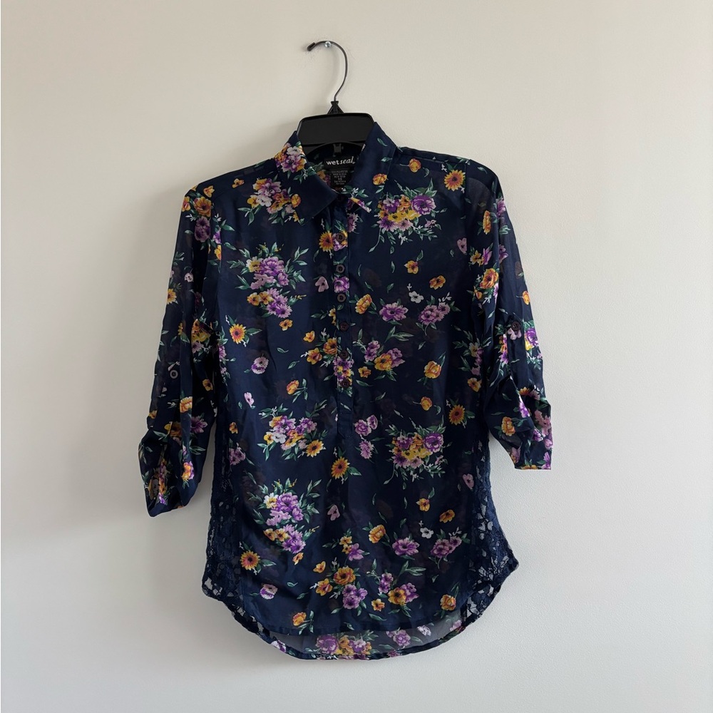 Y2K VTG Wet Seal Top Blue Floral Sheer Button Up Chiffon Womens XS Boho 90s
